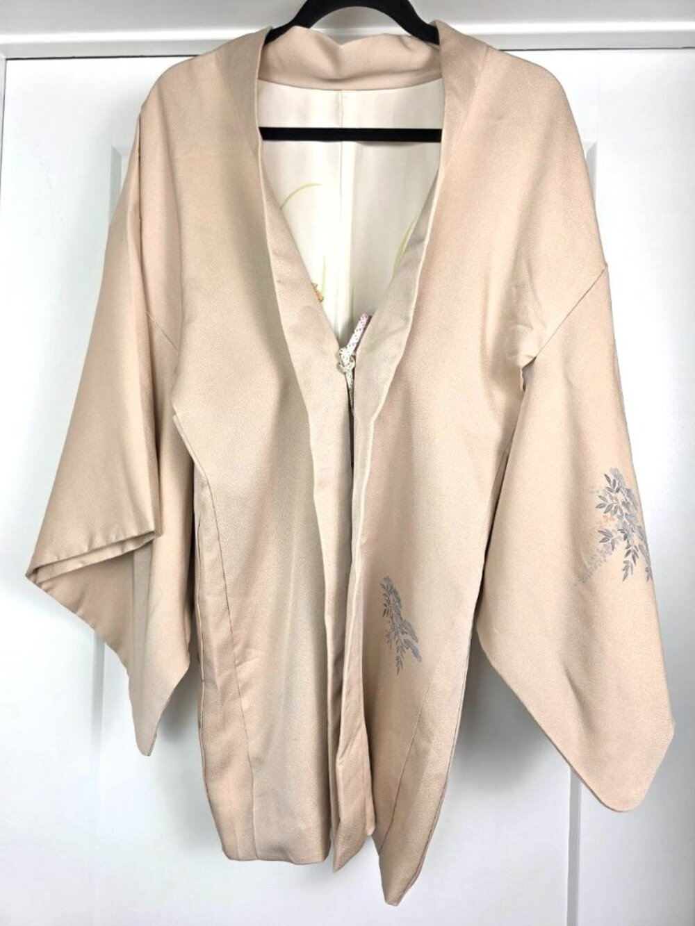 Vintage Japanese Silk Haori Kimono Jacket Beige Floral Art Silk Lined Made Japan